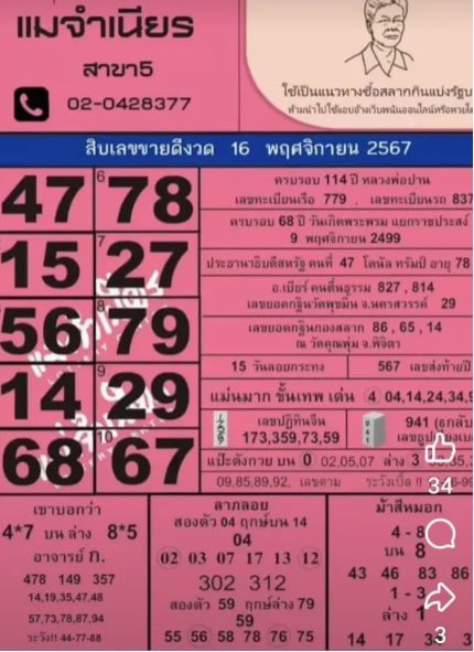 หวยแม่จำเนียร 16/11/67