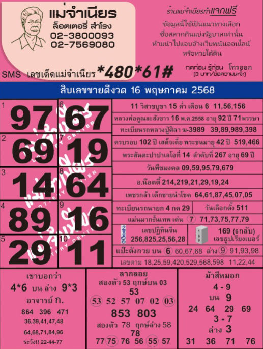 หวยแม่จำเนียร 16/5/68